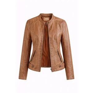 Sebby Collection Faux Leather Moto Jacket Brown Zipper Pockets Women's Size L